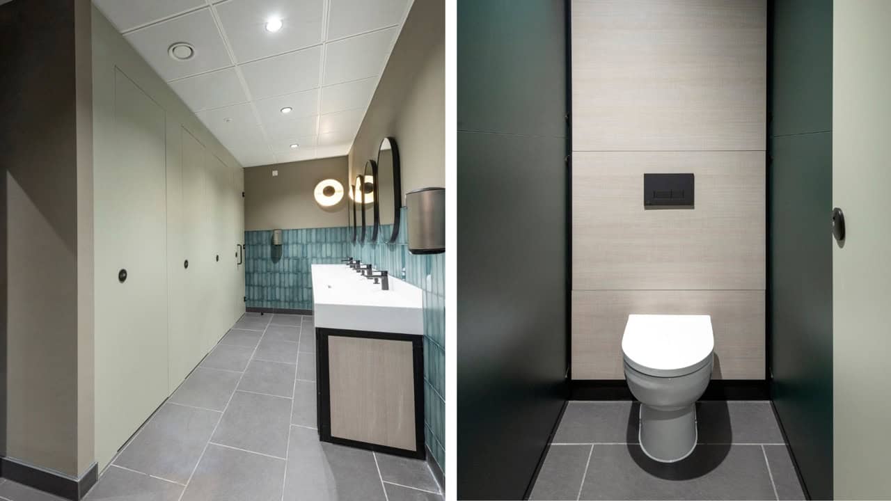 Left - row of closed Identity cubicles and corian wash trough. Right - inside of the toilet cubicle with laminate duct panels