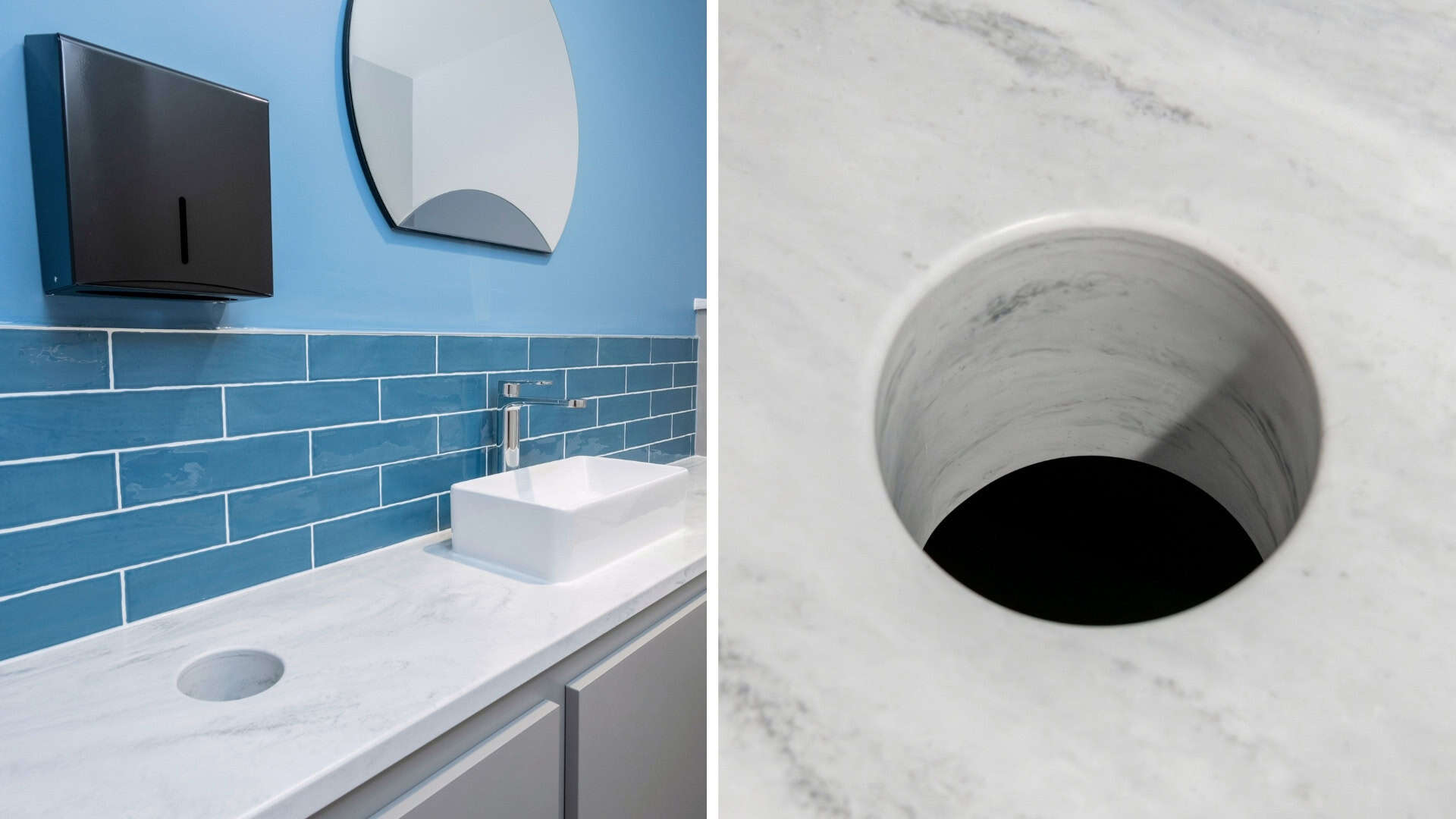 Left: solid surface vanity top. Right: close up of formed bin chute