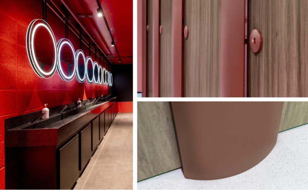 Collection of Curve cubicles and black solid surface wash trough with circular mirrors